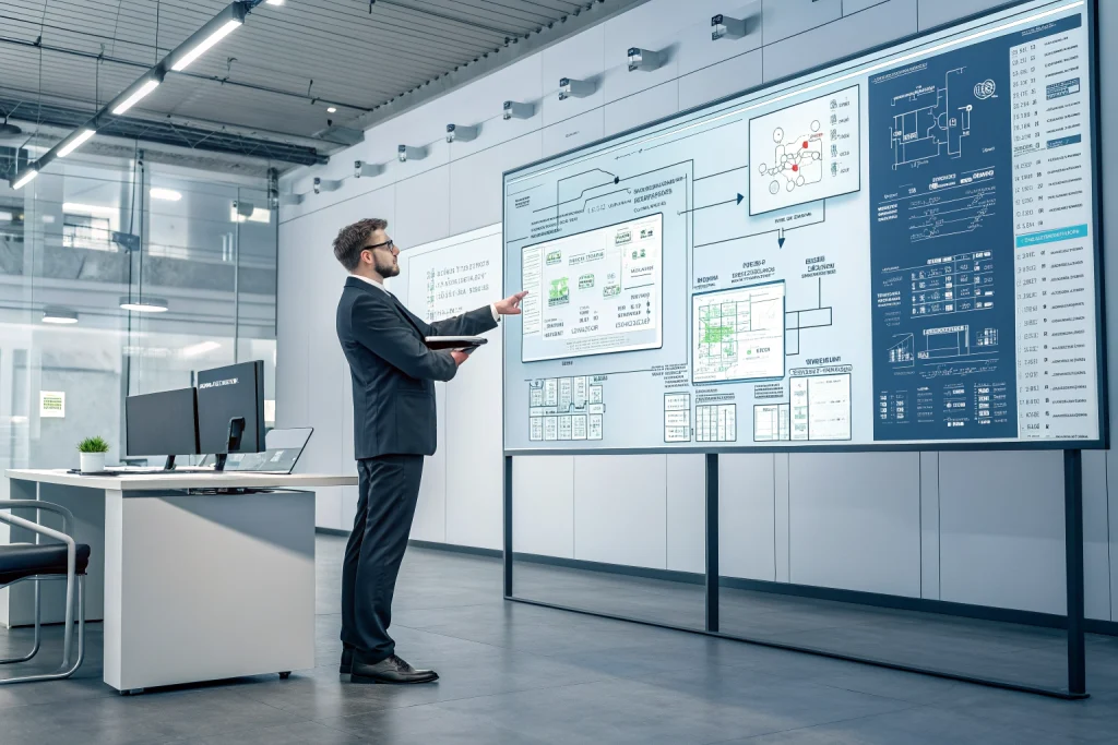 Consultant analyzing operational data and process flowcharts on a screen.