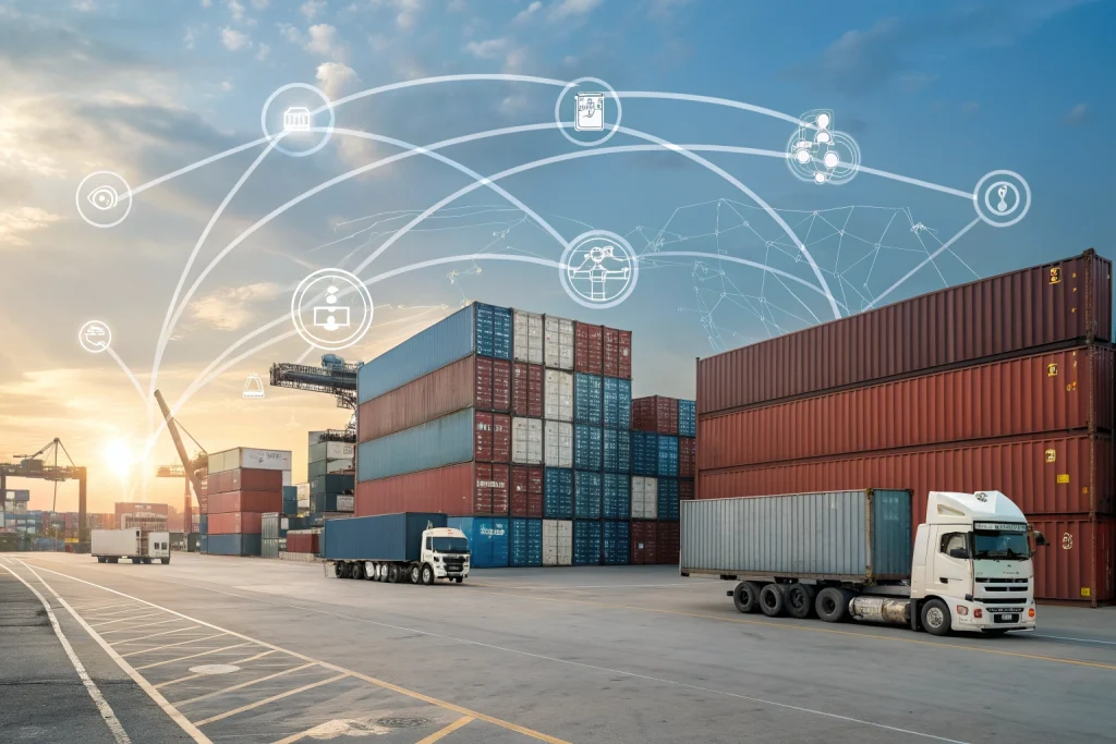 Logistics and supply chain network visualization with shipping containers.