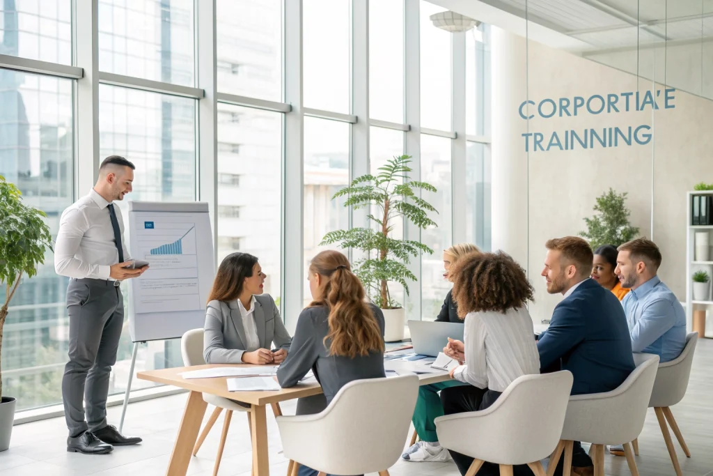 Professionals in a corporate training workshop environment.